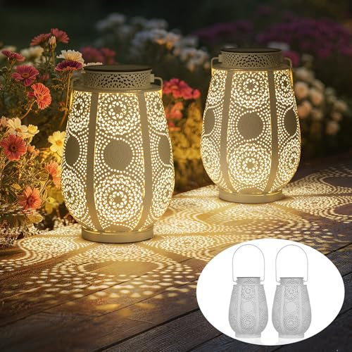 2 Stück Solarlampen für Außen Garten Vintage, IP65 Wetterfest Solarlaterne für Außen Hängend Metal, Rostfrei Solar Laternen mit Haken für Aussen Terrasse Veranda, Geschenk für Frauen Mama Oma(Weiß)