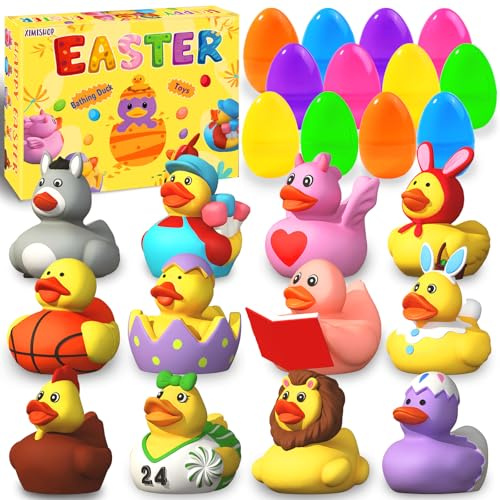 XIMISHOP 12 PCS Filled Easter Eggs with Rubber Bath Ducks，Cute Yellow Easter Bath Ducks Easter bunny Duckies for Basket Fillers Colorful Egg Hunt Kids Bath Tub Toys