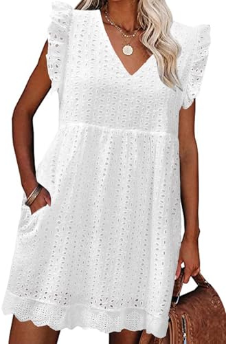 heekpek Vestidos Verano Mujer Sin Mangas con Volantes Algodón Cuello V Mini Vestido Sueltos Hueco de Flores Jacquard Cómodo Casual Vestidos de Playa con Bolsillos, Blanco, S
