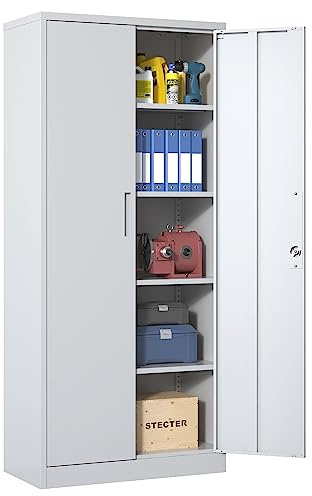 IKIMI Metallschrank mit 2 Türen und 4 Verstellbare Einlegeböden,180x80x40cm Mehrzweckschrank mit Schloss,5 Ebenen Aktenschrank,Stahl-Aufbewahrungsschran Weiß Werkzeugschrank für Garage Büro,Wohnzimmer