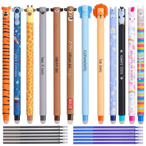 12Pcs Rub Out Pens, Erasable Gel Pens for Office Workers, Animal Pen with 12 Replaceable Refills for Note Taking and Creative Doodling, with Erasers on the End