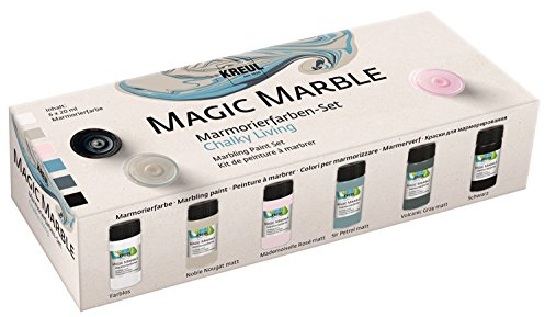 KREUL 73613 - Magic Marble Marmorierfarbe, Chalky Living Set, 6 x 20 ml Farbe in braun, rosa, petrol, grau, farblos und schwarz, zum Tauchmarmorieren von Holz, Glas, Kunststoff, Papier und Styropor