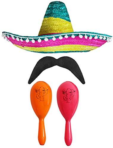 Mexikansk snygg klänning tillbehörsset – Mexikansk SOMBRERO med maracas och smink – perfekt för musikanska finsmaksmakare utklädningskostymer (flerfärgad POM SOMBRERO + orange och röda maracas)
