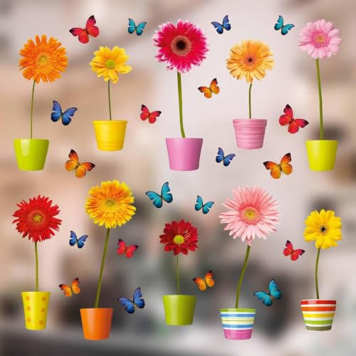 Blumentopf-Fensteraufkleber - 10 einzelne farbenfrohe Topfblumen-Fenster-Sticker und 20 x Schmetterlings mit statischer Haftung als Deko für Fenster und Glastüren - Klein