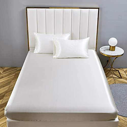 Boqingzhu Satin Spannbettlaken 140x200cm Weiß Uni Seide Spannbetttuch Microfaser Bettlaken für bis 30cm Matraze