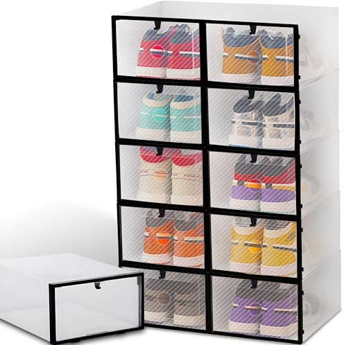 Retoo 10er Transparent Schuhboxen Set 29x20x12cm, Faltbar und Stapelbar Aufbewahrungsboxen für Schuhe, Schuh-Organizer für Stöckelschuhe, Stiefeletten, High Heels, Pumps, Sneaker, Schuhorganizer