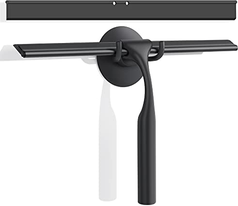 Ulinek Duschabzieher ohne Bohren schwarz rostfrei Abzieher Dusche mit Wandaufhänger und Ersatzwischlippen 25cm Fensterabzieher rutschfest für Duschkabinen Badezimmer Fenster Glas Auto Küche