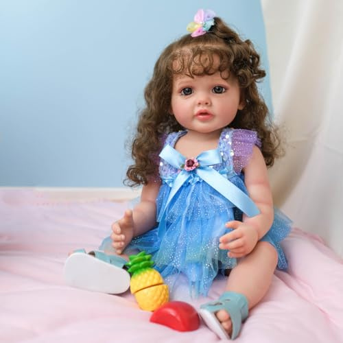 MineeQu 55CM So wirklich süß kuschelig Rooted Haar Wiedergeborene Babypuppe Silikon Vinyl Ganzkörper realistisch Neugeborenes Kleinkind Mädchen Puppen Kinder Geburtstag Weihnachten Geschenk Set
