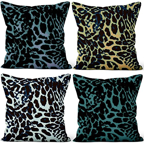 Aoihrraan 50x50cm Juego de 4 Estampado de Leopardo Fundas de Cojin Animal Piel Patrón Cuadrado Decorativo Corto De Felpa Suave Funda De Almohada Dormitorio Exterior Jardín Canapé Balcón Patio Sofá