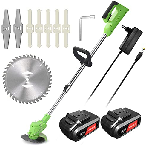 Desbrozadora Eléctrica con Batería, Cortadora De Césped Sin Cable con Impermeable Y Silenciosa para Cuidado del Césped, con 2 Baterías, 1 Cargador, 5 Cuchillas De Plástico, 2 Cuchillas De Metal