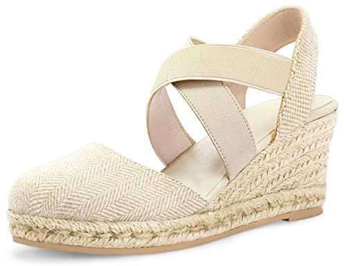 mysoft Women's Closed Toe Crisscross Elastic Ankle Strap Platform Espadrille Wedge Sandals