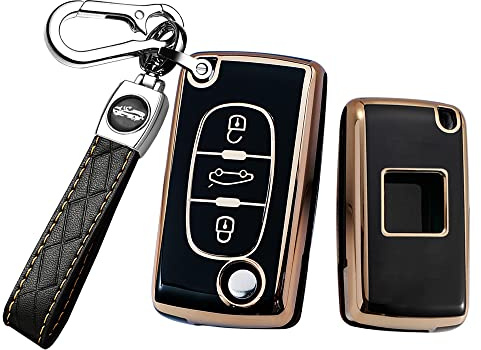 HIBEYO Custodia per chiave auto pieghevole adatta per Peugeot 207 307 407 308 607 per Citroen C2 C3 C4 C5 Berlingo C-Crosser telecomando 3 tasti nero