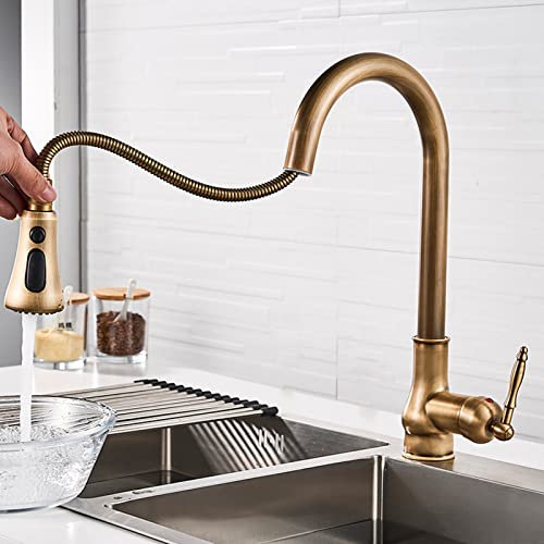 Kitchen Taps with Pull Out Spray Antique Brass Kitchen Tap 360° Swivel Hot and Cold Water Sink Tap