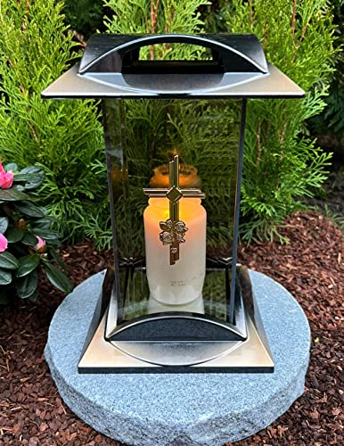 Lanterna funeraria con motivo a croce, 27 cm, altezza nuova, candela funerale, decorazione per tomba, senza base e senza decorazione.
