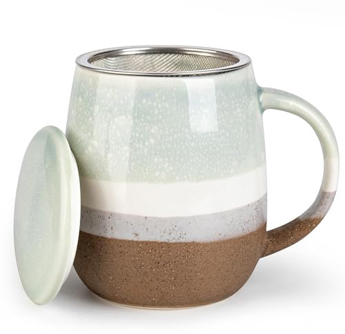 Tazza da tè in ceramica TuYines, 400 ml, con coperchio e colino in acciaio inox, design gradiente