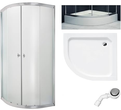 BADLAND Duschset Duschkabine & Duschwanne 90x90 180cm Halbrund Marbella Gefrorenes Glas 4mm und Duschtasse Weiß Alex mit Ablaufgarnitur Ø 50 mm