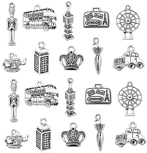 DanLingJewelry 100Pcs 10 Styles London Theme Charms - Antique Silver Big Ben Windmill Bus Car & Tibetan Travel Charms for Jewelry Making