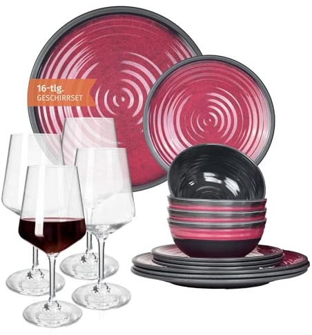 Moritz Vaisselle de camping en mélamine pour 4 personnes - Rouge pierre + 4 verres à vin rouge Milano - Set de vaisselle 12 pièces