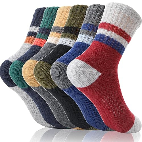 EBMORE Kids Merino Wool Hiking Socks Boys Toddlers Girls Winter Thermal Thick Warm Boot Cushion Ski Snow Gift Socks Stocking Fillers 6 Pairs(Stripes, 8-12 Years)