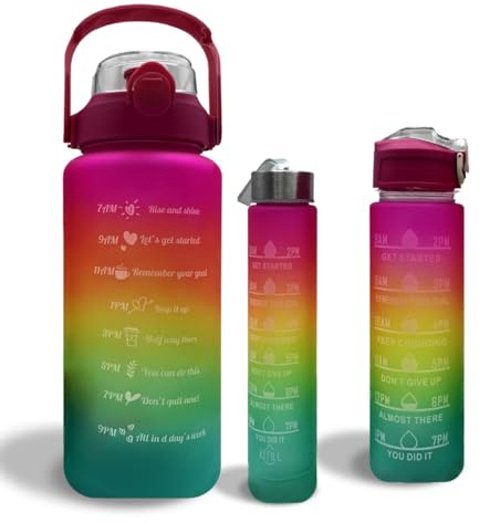 LITTLELAGOON Water Bottle 3 Pc Set with Straw 2L 300ml 900ml | Leak Proof BPA Free Motivational Drinking Bottles with Time Marker | Perfect for Sports School Office Gym Yoga Cycling for Kids Adults