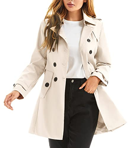 poonyfesh Gabardina impermeable para mujer, con doble botonadura, solapa clásica, abrigo pequeño con cinturón, abrigo delgado