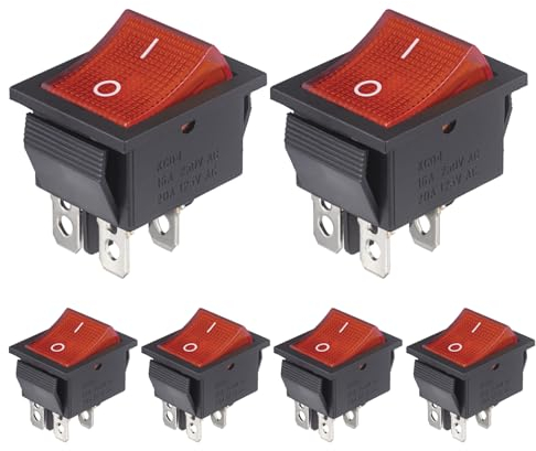 VEXUNGA Interruptor Basculante 16A 250VAC 20A 125VAC Interruptores Conmutador 2Posiciones 4Pines ON-OFF DPST Pulsador Luz Rojo (Paquete de 6)