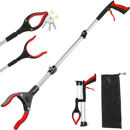 Idota Greifzange für Senioren 109cm Faltbare Greifer mit Magnet-Greifarm 360° Drehbarer Kopf Aluminium Müllzange Greifzange Langer Greif-Werkzeug für Müll/Wurf Pflücker Hand Greifer (Rot)
