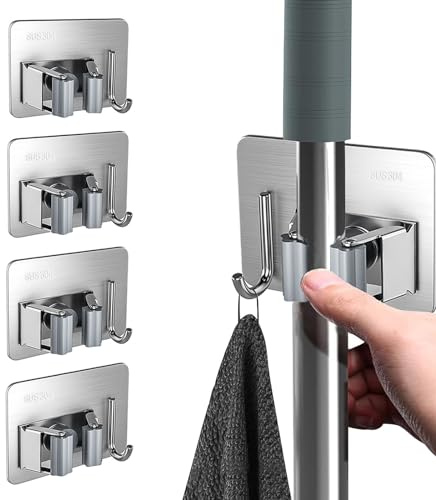 Fikiro Mop Broom Holder - 4 Pcs Stainless Steel Self Adhesive Hooks with Heavy Duty Hooks，Mop Holder Wall Mounted for Kitchen, Bathroom, Closet, Garden Garage etc