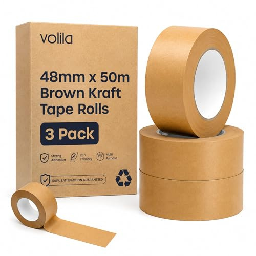 volila Brown Paper Tape - 3 Pack Recyclable Kraft Tape, 48mm x 50m Eco Tape for Presents, Packaging, Moving Boxes & Framing, Strong Adhesive Plastic Free Tape