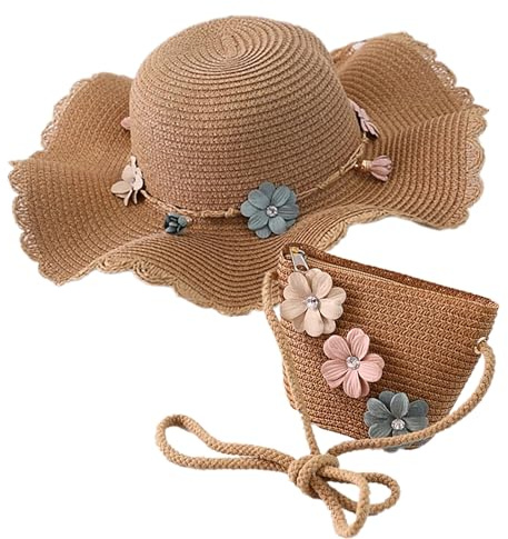 HIMKI Strohhut Tasche Set Kinder Sonnenhut Süßer Sommer Strandhut + Strohtasche für Mädchen Reisehut mit Blumendeko für den Urlaub Reise Outdoor, Kopfumfang: 52-53 cm