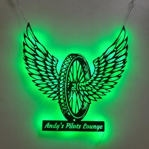 CALCCI Custom Text Metal Sign - Custom Winged Wheel Motocross Biker Metal Wall Art LED Light Personalized Wheel Wings Name Sign Home Decor Motorcycle Wing Decoration, Black