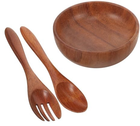 PRETYZOOM Wooden Salad Bowls and Serving Fruit Bowls Set Acacia Wood Deep Plates 8x4cm Fork and Spoon for Kitchen Dining