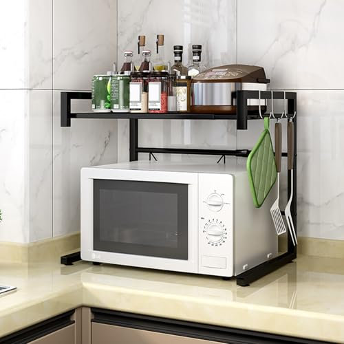 Makamsui Expandable Microwave Oven Rack, Non-Slip Extendable Microwave Stand Countertop, Adjustable Microwave Shelf Countertop Toaster Organizer Storage Shelves for Utensils Towels Dish Black