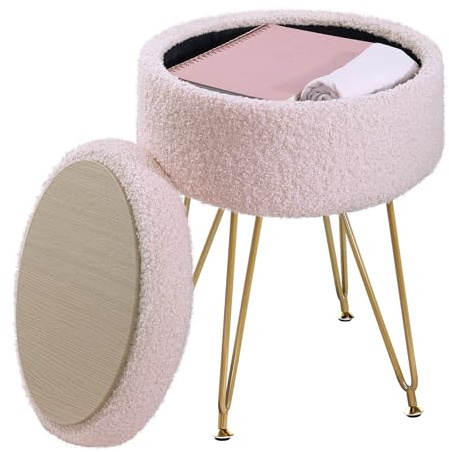 ABHENG Runder Sitzhocker, Teddy Samt Fußhocker mit Stauraum, Hocker Schminktisch, Polsterhocker, Schminkhocker, 32 x 32 x 44 cm, Pastellrosa, ASND51P