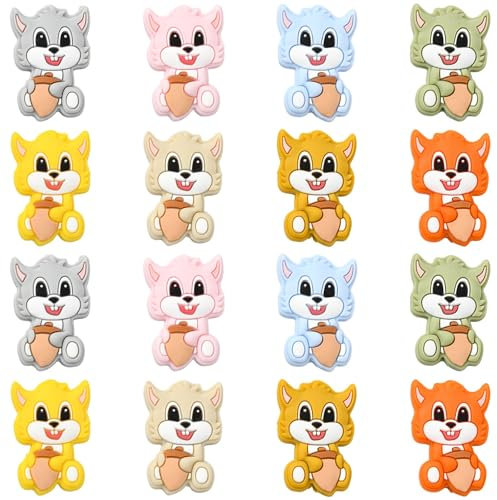 Ipotkitt Silikon-Eichhörnchen-Perlen, Gummi-Tier-Abstandshalter, Tannenzapfen, flache Brennperlen für Heimwerker, Handy, Schlüsselanhänger, Perlen, Schlüsselband, Schmuckherstellung, 16 Stück