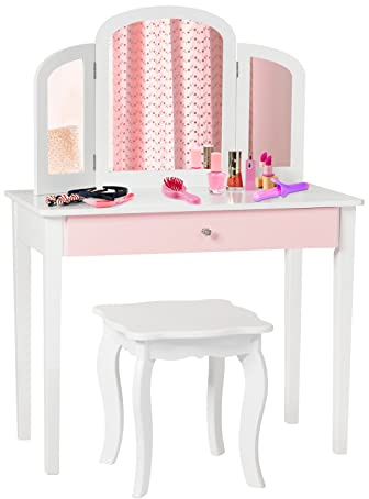COSTWAY Kids Dressing Table with Mirror and Stool, Girls Vanity Set with Drawer, Detachable Top, Princess Pretend Makeup Play Tables for Playroom Bedroom (White)