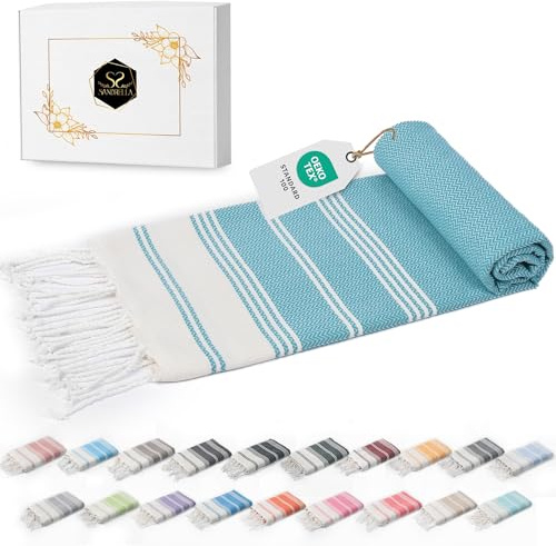 Sandrella Hamamtuch Sauna Damen & Herren groß 100x200 Baumwolle Strandtuch Decke Pestemal Geschenkset | blau - grün