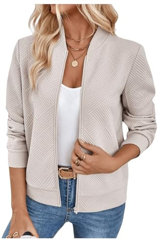 Verdusa Women's Zip Up Bomber Jacket Casual Long Sleeve Textured Lightweight Coat Business Casual Outfits Spring Fall Clothes Khaki Small