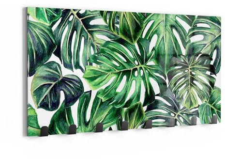 DEQORI Wandgarderobe Glas & Metall | Motiv Tropisches Flair | 60x30 cm | Design Haken-Leiste modern | Garderoben-Paneel für Flur, Wohnzimmer & Schlafzimmer | magnetisch & beschreibbar
