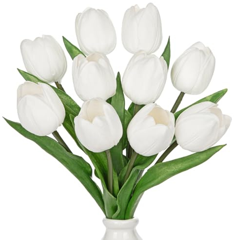 Oairse 10er-Set Kunstblumen Real Touch Latex Künstliche Tulpen Gefühl Künstliche Blumen Tulpen Tischarrangements, Geschenk für Hochzeitszimmer Home, Party, Hochzeit, Geburtstag, Garten, Weiß