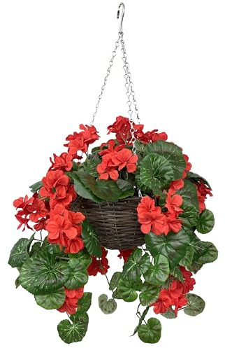 GreenBrokers Artificial Red Geranium Rattan Hanging Basket with Vine (25cm)