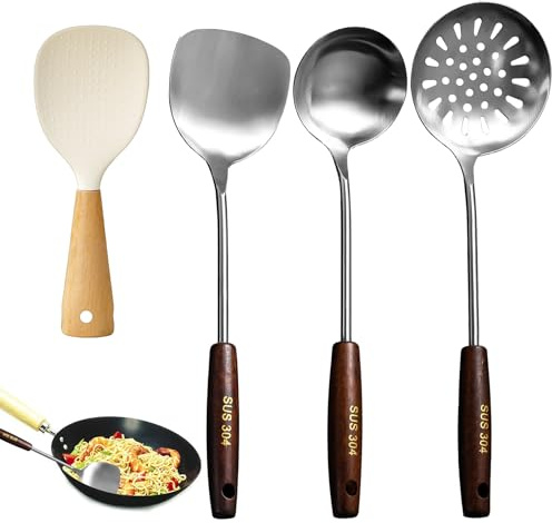 XRPRPX Ensemble de Spatules et Louches pour Wok, Spatule Wok, Louche et Écumoire avec Long Manche en Bois, 3PCS Ustensiles de Cuisine en Acier Inoxydable 304 avec 1 Cuillère à Riz Debout en Silicone