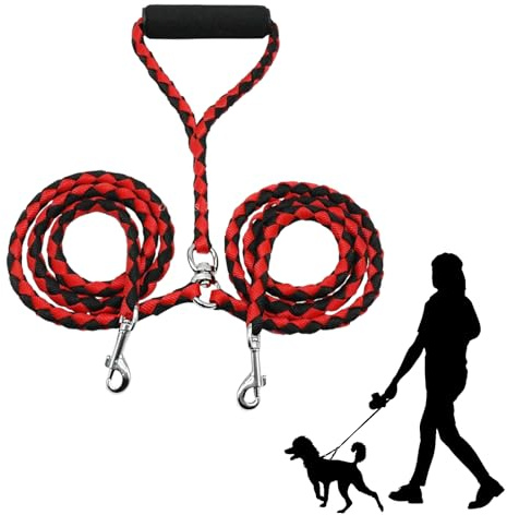 Dokeno Guinzaglio doppio divisorio, comode maniglie imbottite, accessori per cani solidi senza nodi, 140 cm (rosso)