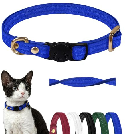 Collar Gato Cierre Seguridad - Piel Auténtica - con Hebilla y Anillo en D de Metal - Liberación Rápida - Resistente, Ajustable y Antirestrangulamiento - para Animales Pequeños (Azul, 19-28 cm)
