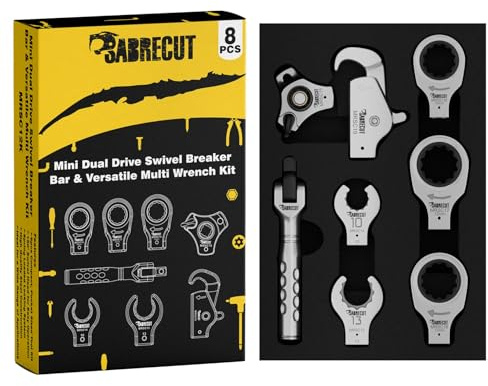 SabreCut 8pcs MRSC12K Mini Breaker Bar & Multi-Wrench Tool Kit | Durable stainless-steel kit combines a swivel breaker bar, 72-tooth wrenches, palm ratchet and specialist attachments