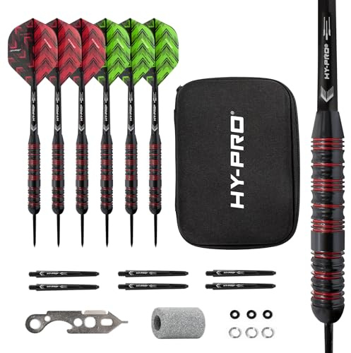 Hy-Pro Darts-set – 22 g stålspetspilar, 6 x aluminiumaxlar, 6 x plastaxlar, 12 flygningar, 6 x O-ringar, 6 x fjäderringar, dartvässare, dartverktyg, med fodral, bra dart-present, darttillbehör