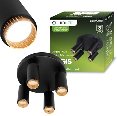 Lumiled Deckenleuchte Deckenspot Deckenstrahler 4-flammiger Spot Spotlampe für Decke Spotleuchte Deckenlampe Innenleuchte Spots Downlight schwenkbar Schwarz-Gold Zylinderoberfläche rund 4x GU10
