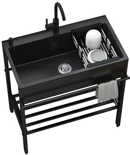 Stainless Steel Commercial Sink - Black Outdoor Single Bowl Station With Drainer Unit and Tap Set for Laundry Room, Bar, Backyard, Garage (80x45x86cm)