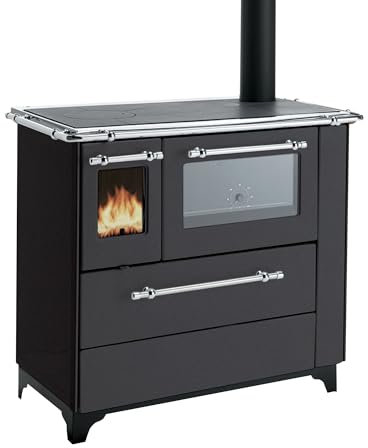 Cucina a legna Betty 4,5 New Royal Palazzetti Art. 808180360 6,3 kW, acciaio smaltato, forno smaltato con vetro ceramico e termometro, piano cottura radiante, colore canna di fucile