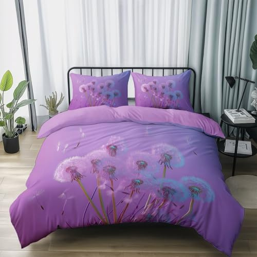 Traumhaft Bettbezug-Sets 135x200 cm 3-teilig, Weiche Mikrofaser Bettwäsche mit Blumen Löwenzahn Motiv, Lila Design für Kinder & Jungen Mädchen, Ganzjahres Wendebettwäsche Hautnah